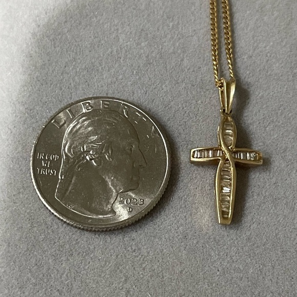 14K Yellow Gold  Baguette Diamond
Cross with Cuban Link Chain 16 “ Necklace - Picture 4 of 6